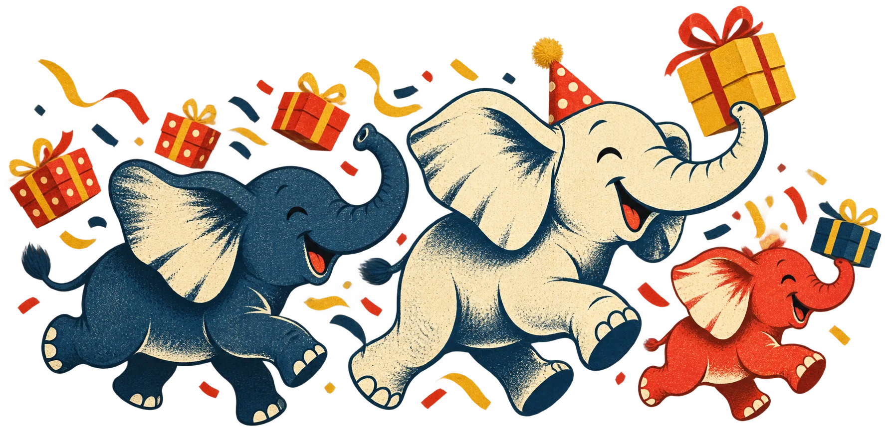 A cheerful herd of elephants carrying gifts